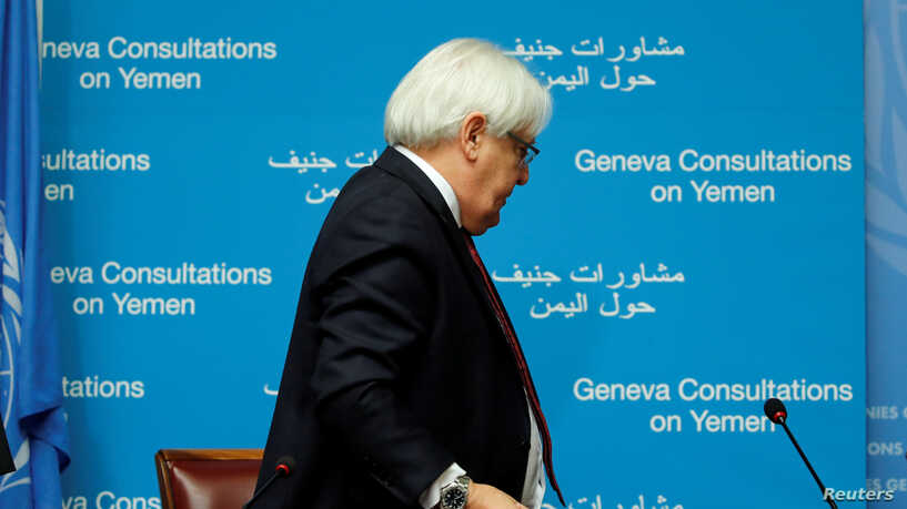 مبعوث الأمم المتحدة مارتن جريفيث يغادر عقب مؤتمر صحفي عن محادثات اليمن الفاشلة التي عقدت بمقر المنظمة بجينيف، 8 سبتمبر 2018 . رويترز.