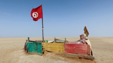 العلم التونسي يرفرف فوق قارب موقت ببحيرة شط الجريد، جنوب تونس، 29 أغسطس، 2022. رويترز، جهاد عبد القوي.