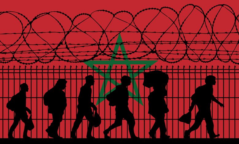 A concept illustration of refugees near a barbed wire fence in front of the Moroccan flag. Dalius Baranauskas/Alamy via Reuters.