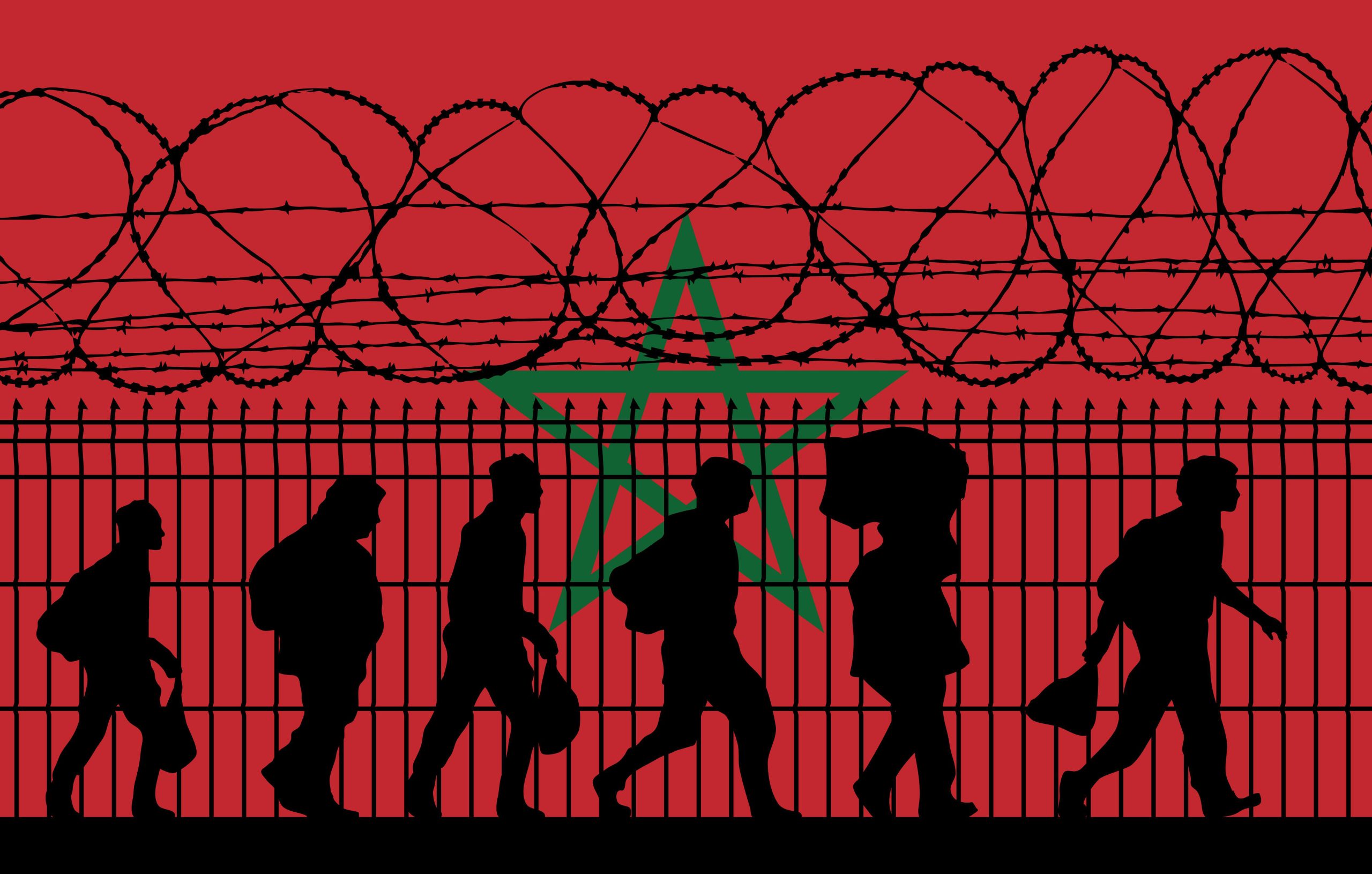 A concept illustration of refugees near a barbed wire fence in front of the Moroccan flag. Dalius Baranauskas/Alamy via Reuters.