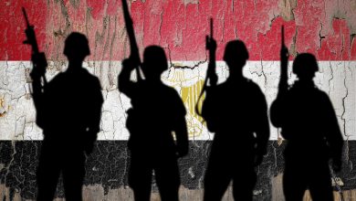 ظلال لجنود يقفون أمام خلفية لعلم مصر على جدار متشقق، 13 مارس 2024. المصدر: زي موشنز عبر شترستوك.